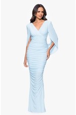 Betsy & Adam Light Blue Draped Ruched Maxi Gown Cape Sleeve Formal Modest Sz 12