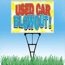 18"x24" USED CAR BLOWOUT Outdoor Yard Sign & Stake Sidewalk Lawn Sales Auto Deal