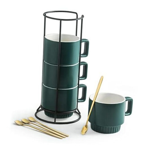 Stackable Coffee Mugs Set of 4 with Holder Spoons 11oz Ceramic Cappuccino Green - 第 1/7 張圖片