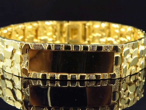 Men's Nugget Style Link Designer 12MM Bracelet 925Sterling Silver 14KGold Finish - Picture 5 of 9