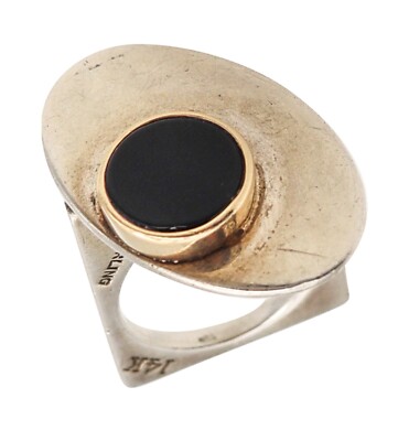 Pierre Cardin 1970 Paris Geometric Sculptural Onyx Ring 14Kt Gold And Sterling