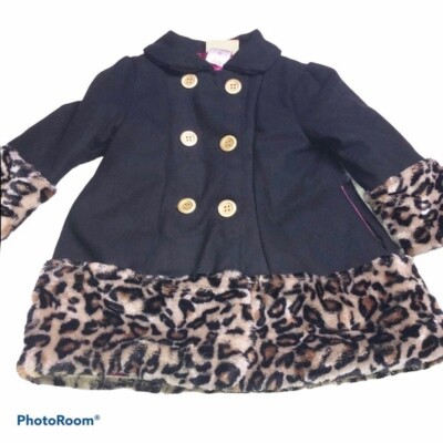 Penelope Mack Black Leopard Print Wool Blend Pea Coat and Hat Size 2T