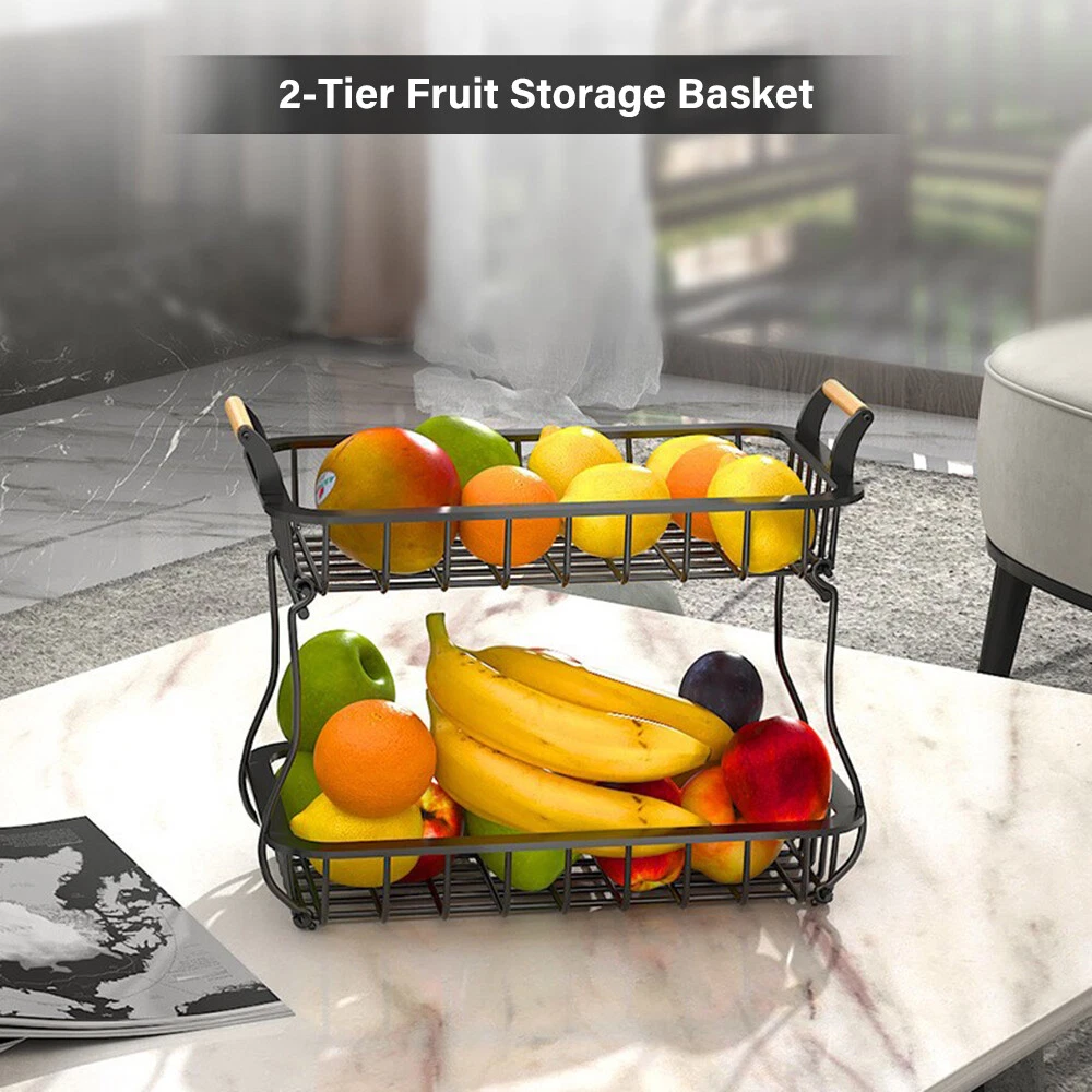 2 Tier Fruit Storage Basket Kitchen Countertop Organizer with Wooden Handle N2Y5 - Picture 2 of 12