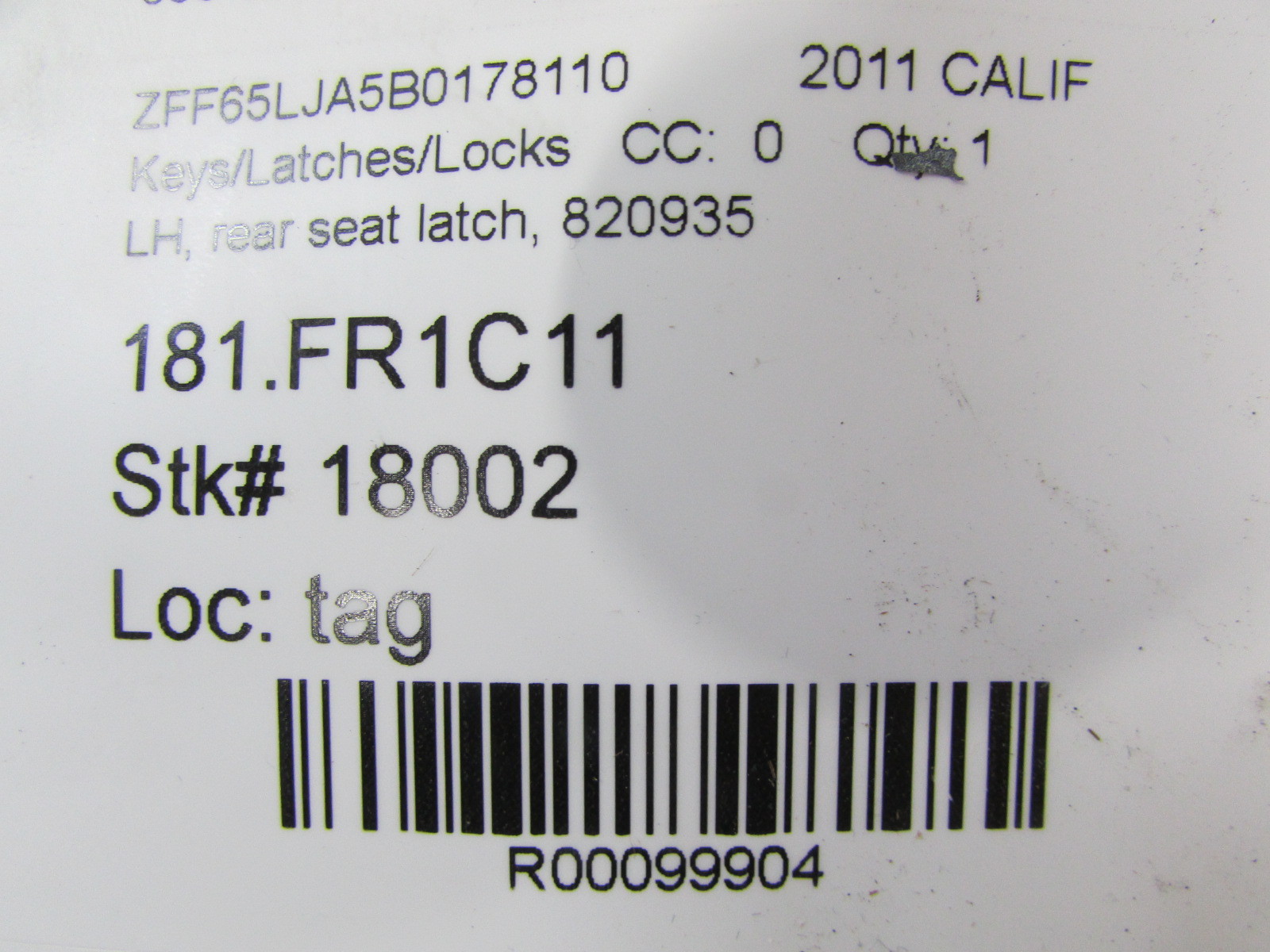 Ferrari California, LH, Left Rear Seat Latch, Used, P/N 82093500