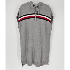 Tommy Hilfiger Women Sz M Gray Sweater Dress Sleeveless Hooded Logo Color Stripe