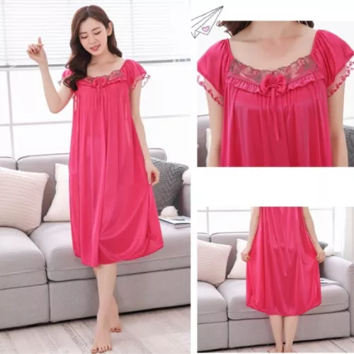 Camicia da notte donna bottone a fiocco raso seta artificiale biancheria da notte sciolta - Foto 5 di 24