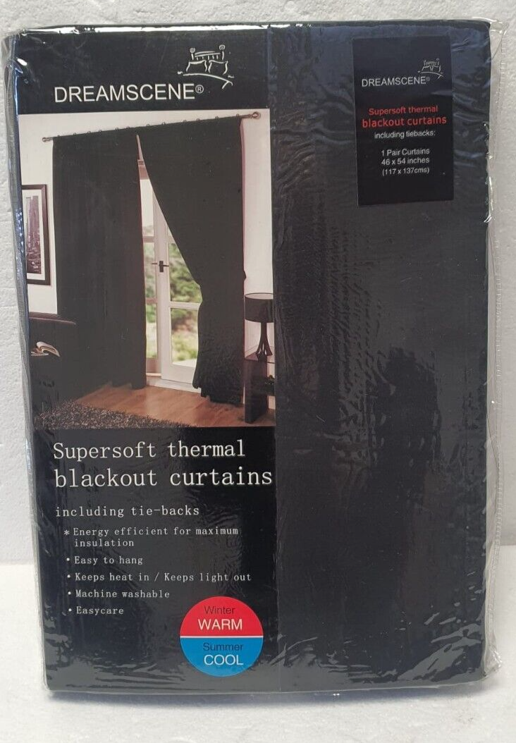 Dreamscene Black Supersoft Blackout Curtains & Tie Backs 46X54 Inches SS10 09