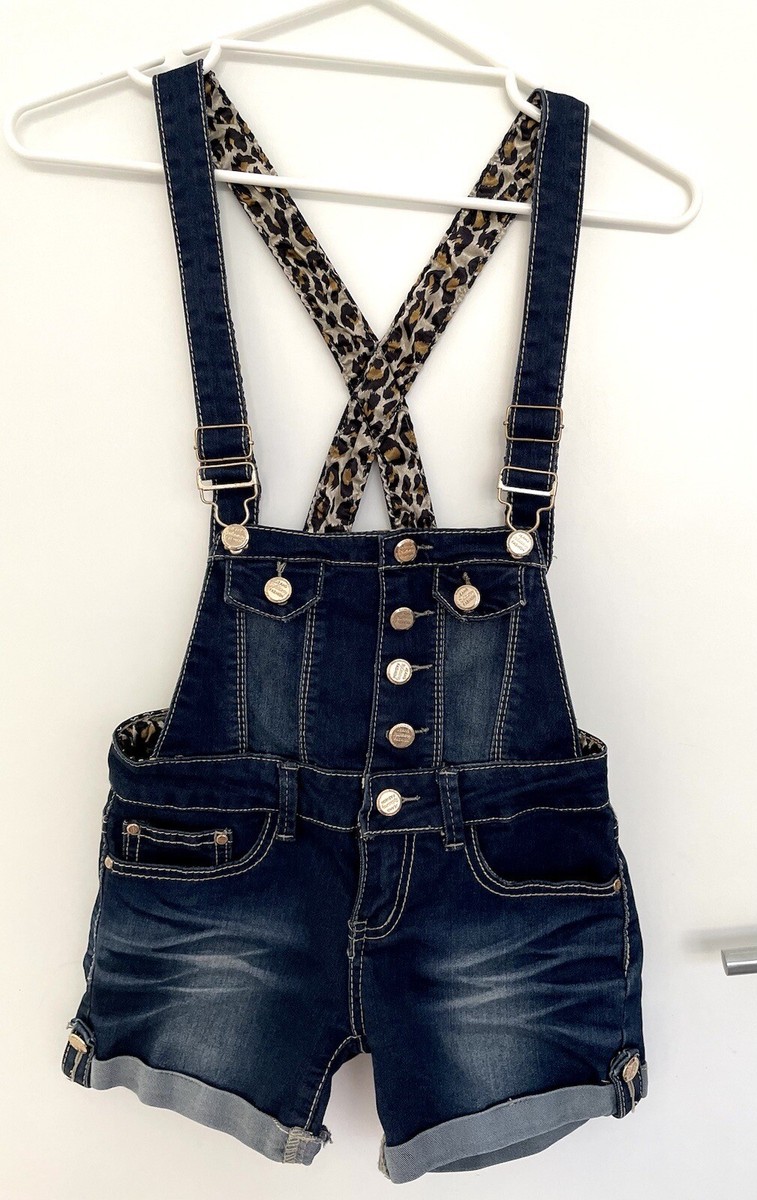 Red Seventy Denim/Leopard Print Shorty Overalls, Ladies,Pixie Core,Festival