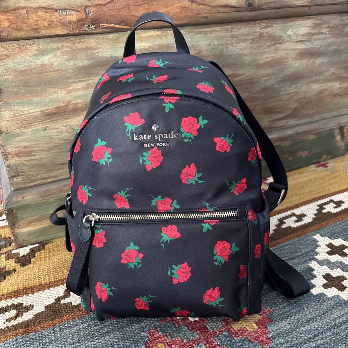 New KATE SPADE NY Designer Backpack Black Chelsea Rose Toss NWT Kate Spade Chelsea Rose Toss Printed Medium Backpack Bag  main image 2