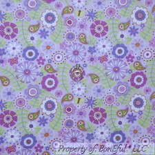 BonEful Fabric FQ Cotton Flannel Purple Green White Flower Paisley Butterfly Dot