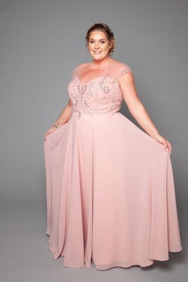 Plus Size Blush Beaded & Sequin Chiffon Floaty Bridesmaid Dress Size UK 26  | eBay UK