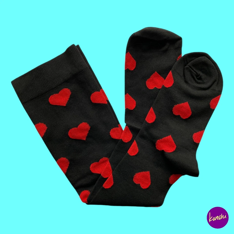 Calcetines de corazón hasta la rodilla para mujer, negros y rojos, zapatos Reino Unido talla 4-6 Foto 2 de 4