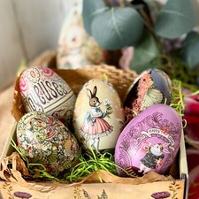 FIVE Easter Egg Tins. 5 Fillable Lithographed Metal Vintage Easter Eggs