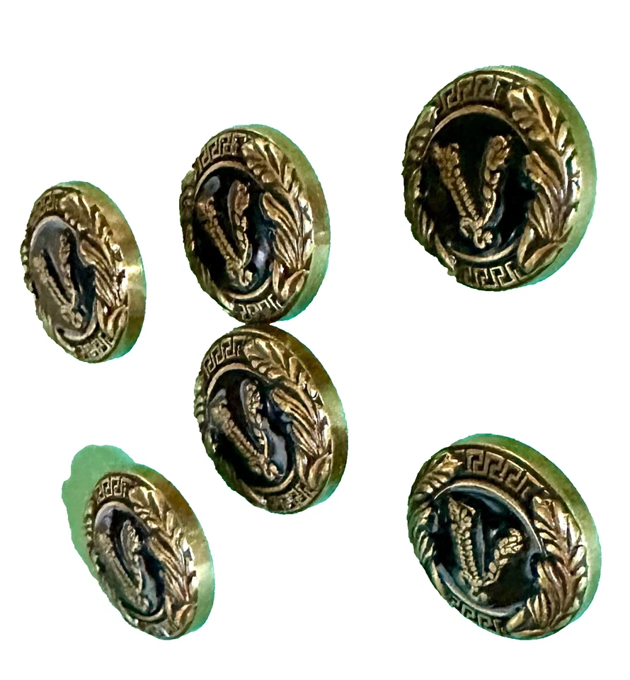 6 Versace Knöpfe 20mm / 2cm, SCHWARZ / ANTIK GOLD Metall V LOGO VERSACE BUTTONS  - Bild 4 von 4