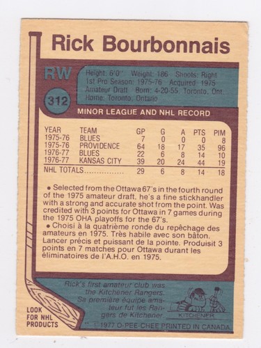 1977-78 O-Pee-Chee - Rick Bourbonnais - #312 - Rookie UER - EX - Picture 2 of 2