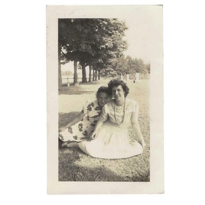 Vintage Snapshot Photo Two Women Sitting Grass Affectionate Pose Summer Dresses
