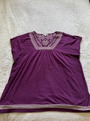 Sonoma Women Embroidered Short Sleeve V-Neck Blouse Purple Size 1X