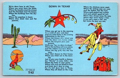 Down In Texas Poem~Cowboy On Bucking Bronco~Coyote Howling~Cactus~Linen Postcard