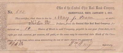 1855 Central Ohio Railroad - Zinserklärung für 10 Aktien