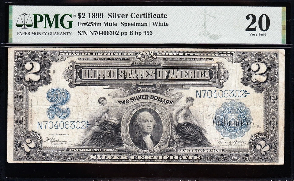 VERY NICE Bold & Crisp VF 1899 $2 "AG/MECHANICS" Silver Certificate PMG 20! 6302 - Image 2 of 3