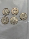 Lot Of 5 Benjamin Franklin Half Dollars 1952-1963 Circulated