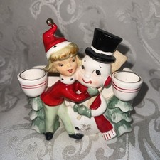 RARO! Maceta porta servilletas vela muñeco de nieve abrazando niña Navidad Ucagco vintage