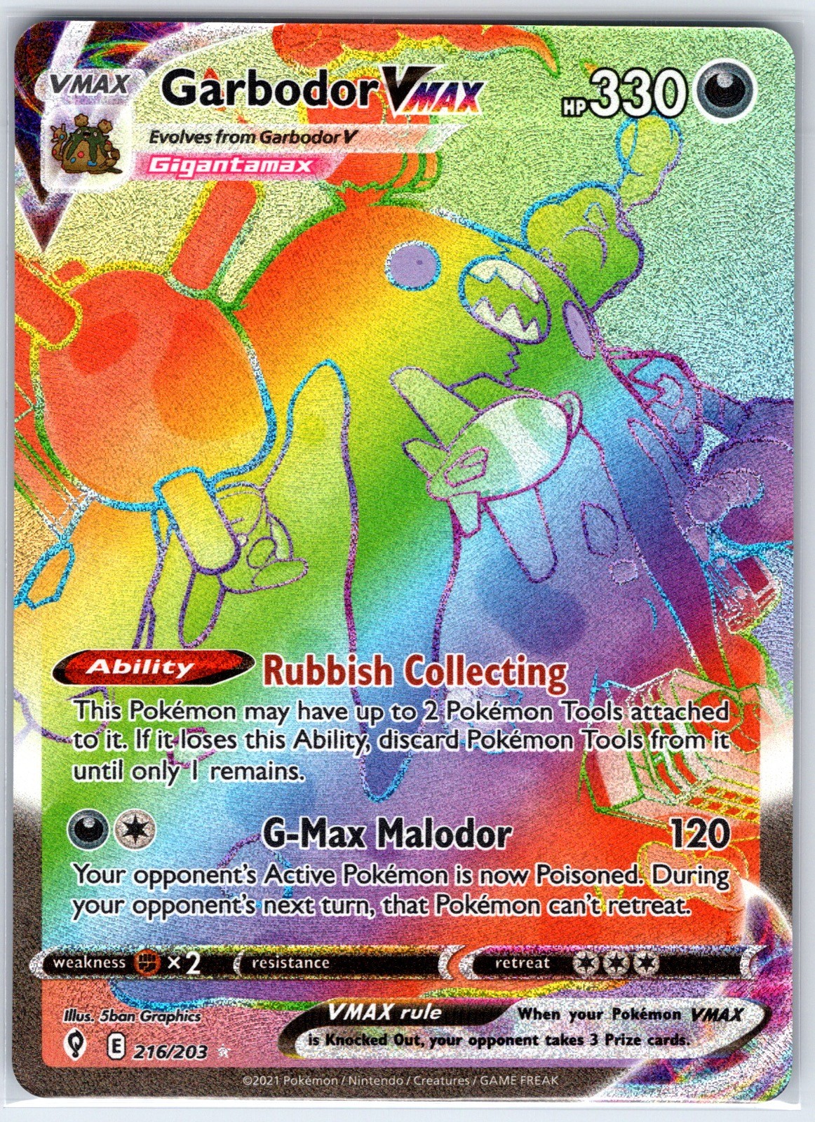 Garbodor VMAX 216/203 Rainbow Rare Evolving Skies Pokemon Holo Near Mint