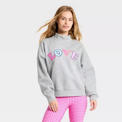 Women Valentine Day Mock Neck Sweatshirt - JoyLab Heathered Gray XXS