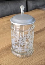 Glaskrug mit &Auml;tzdekor + Zinndeckel | Tiermotive | ca. 60 Jahre Alt | Bierkrug