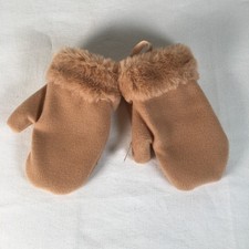 Girls Fleece Soft Faux Fur Trim Mittens Taupe Beige 5" Long Lined Cold Weather