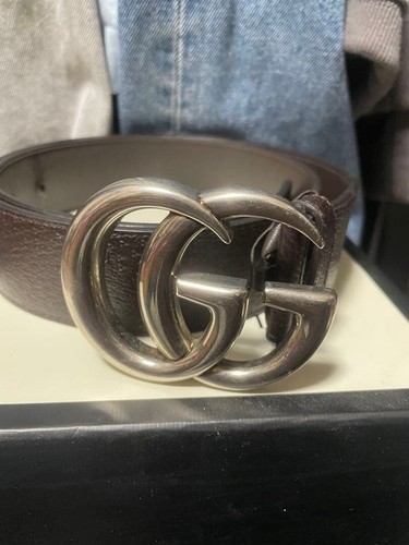 Gucci Brown Leather Double G Buckle Men's Dress Belt Adjustable 100cm Brown