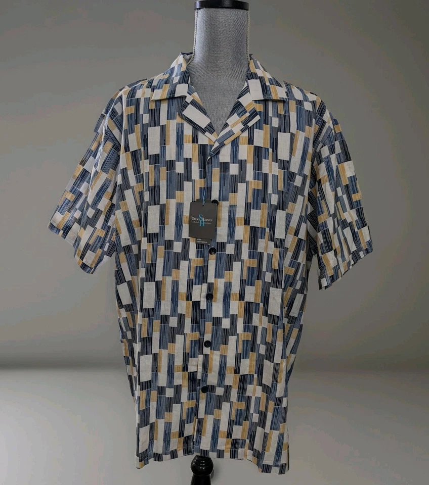3X STEVE HARVEY HOMBRE GRANDE Y ALTO Camisa Manga Corta Top Nuevo Lino Azul Blanco Foto 3 de 4