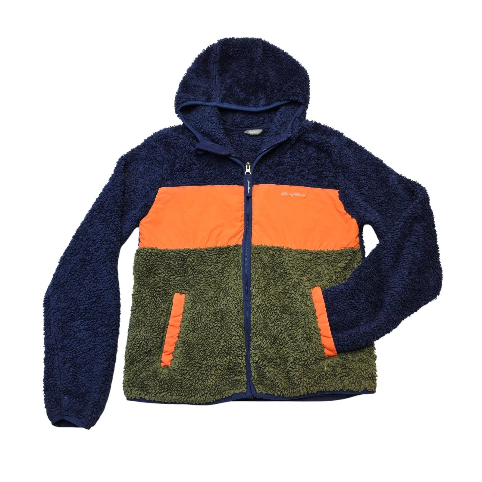 Eddie Bauer Kids Hooded Fleece Jacket Colorblock Orange Green Blue 14/16