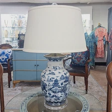 Blue, White Chinoiserie Baluster Porcelain Lamp. Hand Painted. With Lampshade