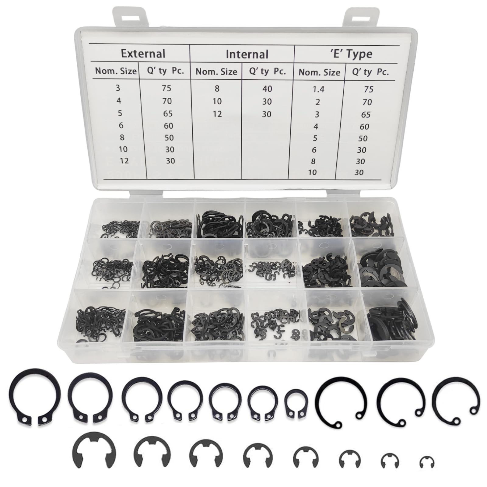 890pcs Circlip Snap Rings Retaining Rings Assortment Kit 3 Types 18 Sizes Incl E