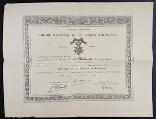Brevet d'officier de la Légion d'honneur 1931 LCL d'Artillerie de Strasbourg