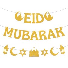 Gold Glitter Eid Mubarak Banner and Garland Set, Pre-Assembled Islamic Party ...