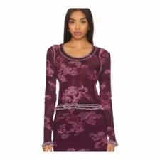 Free People Matching Floral Long Sleeve Tee & Mini Skirt LARGE Berry NEW!