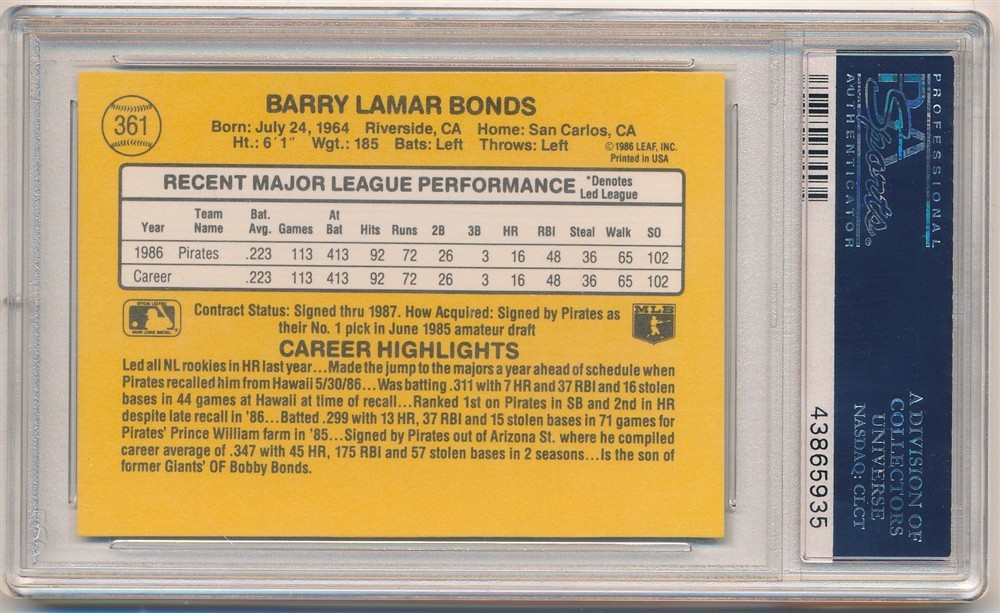BARRY BONDS 1987 DONRUSS #361 RC ROOKIE CARD PITTSBURGH PIRATES PSA 10 GEM MINT view 2