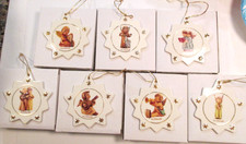 Lot/7 M J Hummel Porcelain Flat Gold Trimmed Christmas Ornaments w/Boxes COA