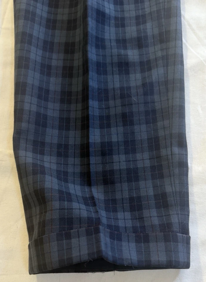 Pantalones de lana a cuadros vintage St Michael Marks & Spencer azul marino 34x31 hechos en el Reino Unido con puños Foto 3 de 4