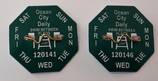 Set/2 Ocean City Daily SWIM BETWEEN FLAGS GREEN BEACH TAGS Made in USA Octagon!