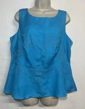 NWT Avenue Size 14 Tank Top Blue Linen Blend Embroidered Lined Sleeveless 