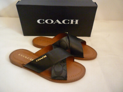 Coach Hilda Cross Top Black Sandals Saddle UK 4 100% Leather US 6 New EU 36,5