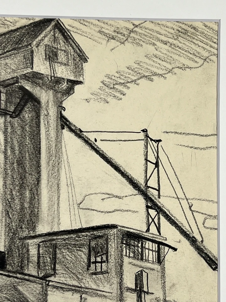 Depression Era WPA 绘图工业铣床带轨道车 14x11 Bruce Mitchell 复古 — 第 4/4 张图片