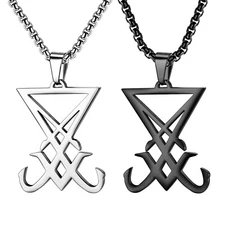 Sigil of Lucifer Pendant Necklace Mens Satanic Amulet Stainless Steel Chain 24"