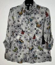 Ali Miles Tunic Top Plus Size 3X Butterfly Floral Button Front Wired Collar B16