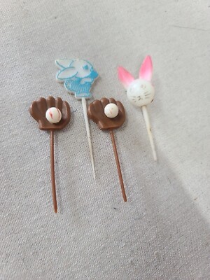 Vintage 1960s Spring Easter lot of 4 HARD PLASTIC Cake Toppers Bunny Glove