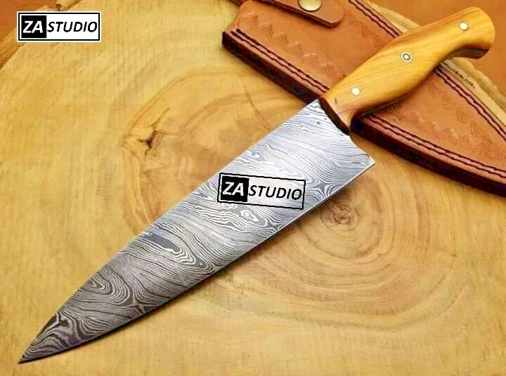 Custom Handmade Chef Professional Kitchen Knife Damascus Steel+Leather Sheath