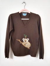 LeRoy Knitwear VTG WM L Sweater Brown Embroidered Koala V-Neck Long Sleeve